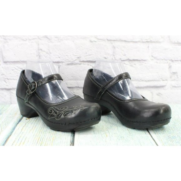 Dansko Black Leather Slip On Maryjane Clogs Heel Shoes Size 38 US 8 - Picture 3 of 9